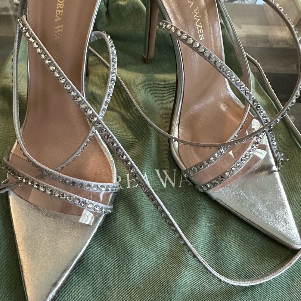 Andrea Wazen Silver Strappy Heels with Rhinestones